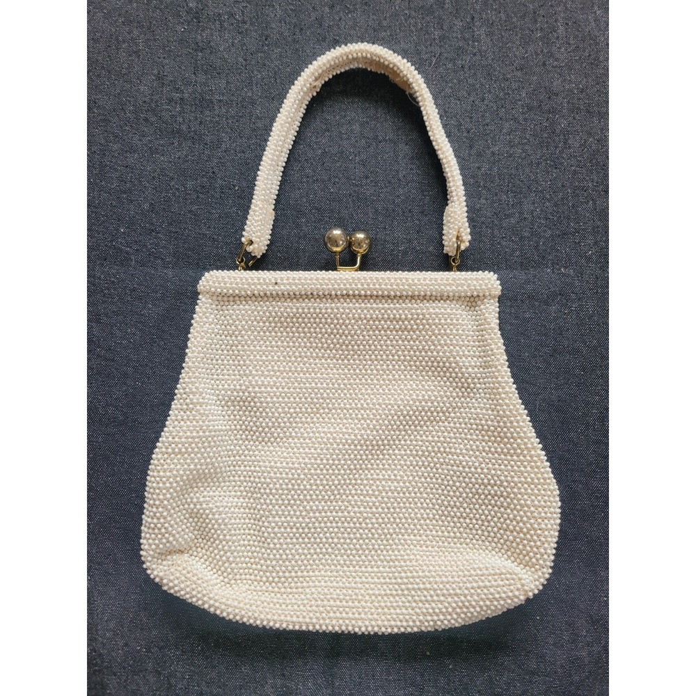 Vintage 50s 60s Corde Lumured‎ Bead White Ivory Kisslock Handbag Purse